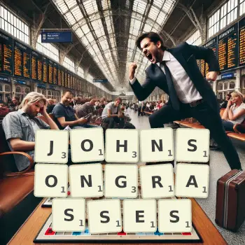 Creative illustration for a Scrabble game with the word JOHNSONGRASSES spelled out in tiles on the board.
