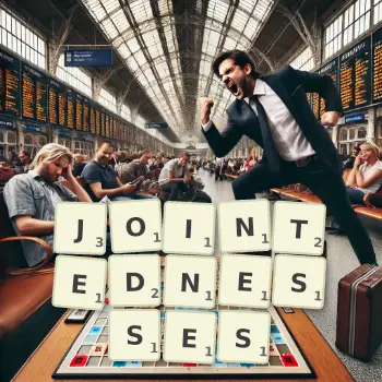 Creative illustration for a Scrabble game with the word JOINTEDNESSES spelled out in tiles on the board.