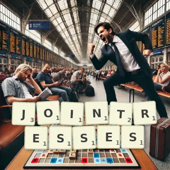 Creative illustration for a Scrabble game with the word JOINTRESSES spelled out in tiles on the board.