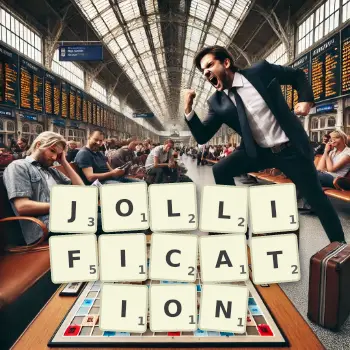 Creative illustration for a Scrabble game with the word JOLLIFICATION spelled out in tiles on the board.