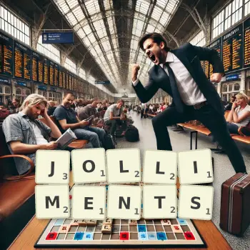 Creative illustration for a Scrabble game with the word JOLLIMENTS spelled out in tiles on the board.