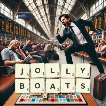 Creative illustration for a Scrabble game with the word JOLLYBOATS spelled out in tiles on the board.