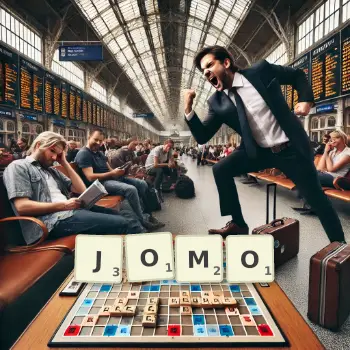 Creative illustration for a Scrabble game with the word JOMO spelled out in tiles on the board.