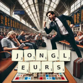 Creative illustration for a Scrabble game with the word JONGLEURS spelled out in tiles on the board.