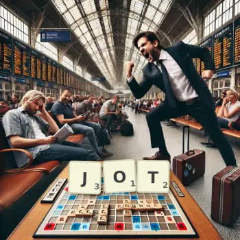 Creative illustration for a Scrabble game with the word JOT spelled out in tiles on the board.