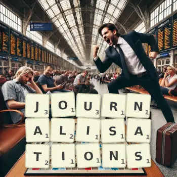 Creative illustration for a Scrabble game with the word JOURNALISATIONS spelled out in tiles on the board.