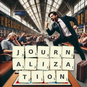 Creative illustration for a Scrabble game with the word JOURNALIZATION spelled out in tiles on the board.