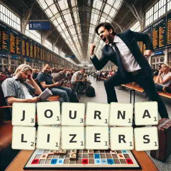 Creative illustration for a Scrabble game with the word JOURNALIZERS spelled out in tiles on the board.