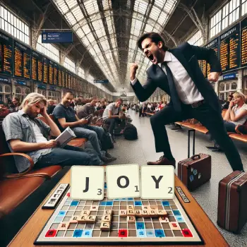 Creative illustration for a Scrabble game with the word JOY spelled out in tiles on the board.