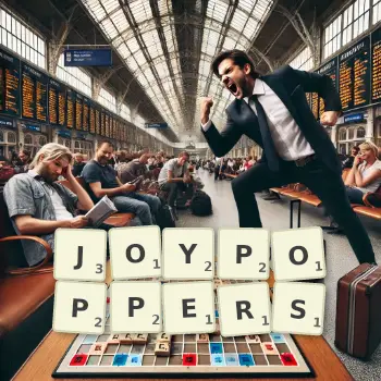 Creative illustration for a Scrabble game with the word JOYPOPPERS spelled out in tiles on the board.