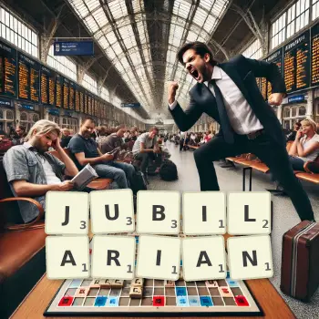 Creative illustration for a Scrabble game with the word JUBILARIAN spelled out in tiles on the board.