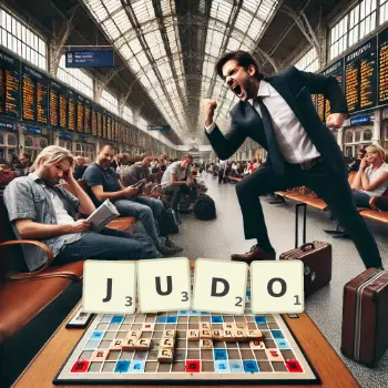 Creative illustration for a Scrabble game with the word JUDO spelled out in tiles on the board.