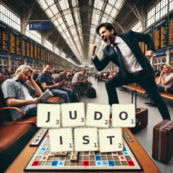 Creative illustration for a Scrabble game with the word JUDOIST spelled out in tiles on the board.