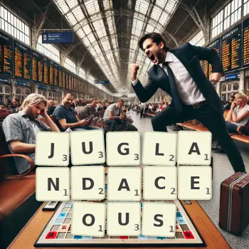 Creative illustration for a Scrabble game with the word JUGLANDACEOUS spelled out in tiles on the board.
