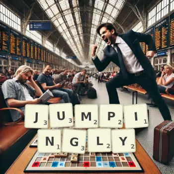 Creative illustration for a Scrabble game with the word JUMPINGLY spelled out in tiles on the board.