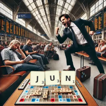 Creative illustration for a Scrabble game with the word JUN spelled out in tiles on the board.