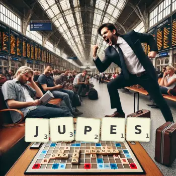 Creative illustration for a Scrabble game with the word JUPES spelled out in tiles on the board.
