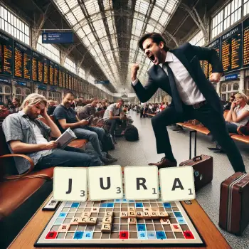 Creative illustration for a Scrabble game with the word JURA spelled out in tiles on the board.
