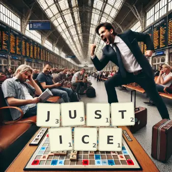 Creative illustration for a Scrabble game with the word JUSTICE spelled out in tiles on the board.