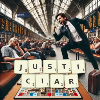 Creative illustration for a Scrabble game with the word JUSTICIAR spelled out in tiles on the board.