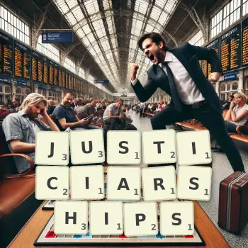 Creative illustration for a Scrabble game with the word JUSTICIARSHIPS spelled out in tiles on the board.