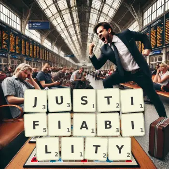 Creative illustration for a Scrabble game with the word JUSTIFIABILITY spelled out in tiles on the board.