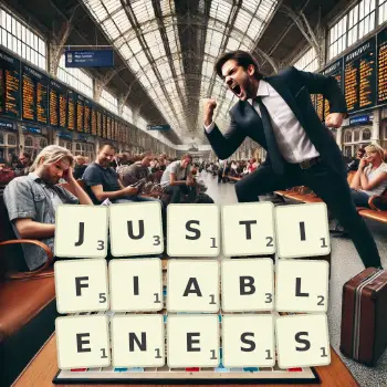 Creative illustration for a Scrabble game with the word JUSTIFIABLENESS spelled out in tiles on the board.