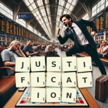 Creative illustration for a Scrabble game with the word JUSTIFICATION spelled out in tiles on the board.