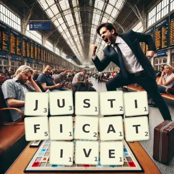 Creative illustration for a Scrabble game with the word JUSTIFICATIVE spelled out in tiles on the board.