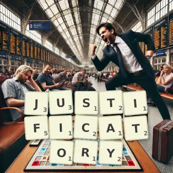 Creative illustration for a Scrabble game with the word JUSTIFICATORY spelled out in tiles on the board.