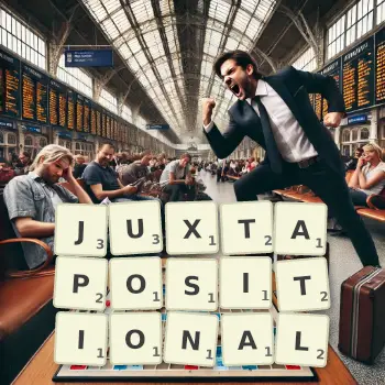 Creative illustration for a Scrabble game with the word JUXTAPOSITIONAL spelled out in tiles on the board.