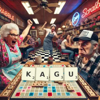 Creative illustration for a Scrabble game with the word KAGU spelled out in tiles on the board.