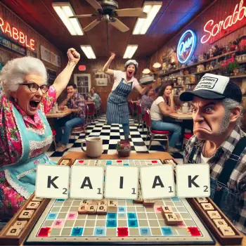Creative illustration for a Scrabble game with the word KAIAK spelled out in tiles on the board.