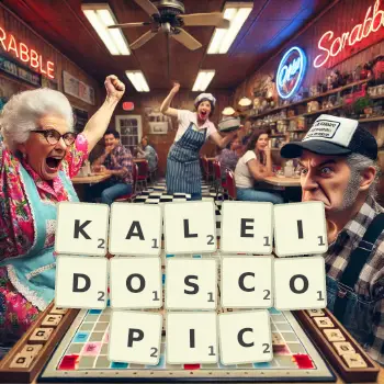 Creative illustration for a Scrabble game with the word KALEIDOSCOPIC spelled out in tiles on the board.