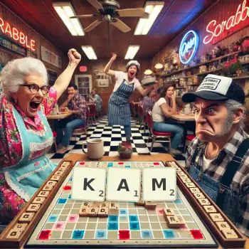 Creative illustration for a Scrabble game with the word KAM spelled out in tiles on the board.