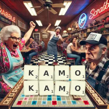 Creative illustration for a Scrabble game with the word KAMOKAMO spelled out in tiles on the board.