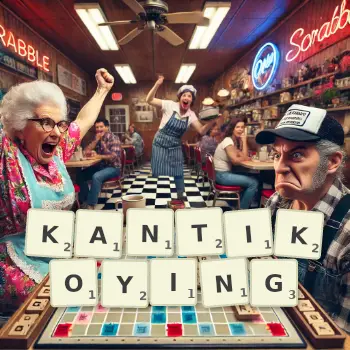 Creative illustration for a Scrabble game with the word KANTIKOYING spelled out in tiles on the board.