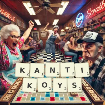 Creative illustration for a Scrabble game with the word KANTIKOYS spelled out in tiles on the board.