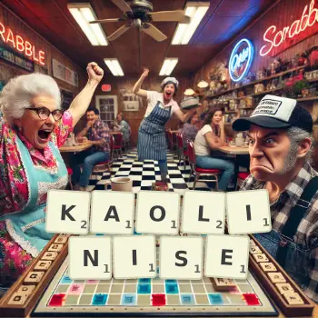 Creative illustration for a Scrabble game with the word KAOLINISE spelled out in tiles on the board.
