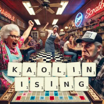 Creative illustration for a Scrabble game with the word KAOLINISING spelled out in tiles on the board.
