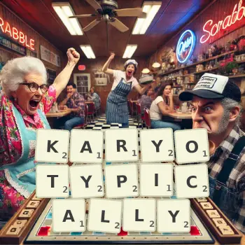 Creative illustration for a Scrabble game with the word KARYOTYPICALLY spelled out in tiles on the board.