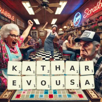 Creative illustration for a Scrabble game with the word KATHAREVOUSA spelled out in tiles on the board.