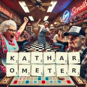 Creative illustration for a Scrabble game with the word KATHAROMETER spelled out in tiles on the board.
