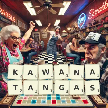 Creative illustration for a Scrabble game with the word KAWANATANGAS spelled out in tiles on the board.