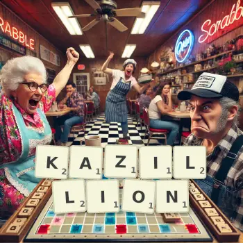 Creative illustration for a Scrabble game with the word KAZILLION spelled out in tiles on the board.