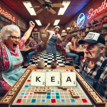 Creative illustration for a Scrabble game with the word KEA spelled out in tiles on the board.