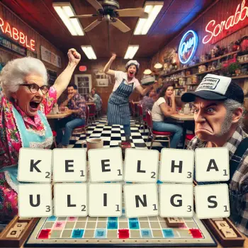 Creative illustration for a Scrabble game with the word KEELHAULINGS spelled out in tiles on the board.