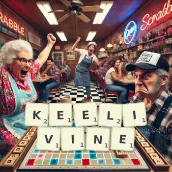 Creative illustration for a Scrabble game with the word KEELIVINE spelled out in tiles on the board.