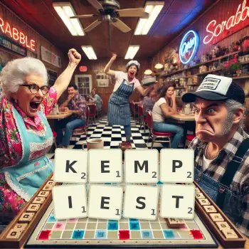 Creative illustration for a Scrabble game with the word KEMPIEST spelled out in tiles on the board.