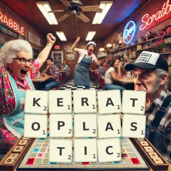 Creative illustration for a Scrabble game with the word KERATOPLASTIC spelled out in tiles on the board.